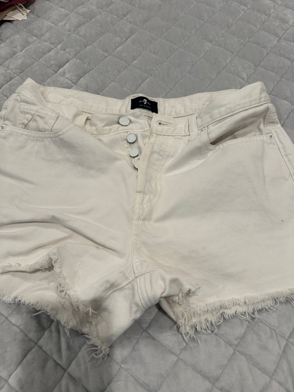 7 For All Mankind White High-Rise Frayed Hem Denim Shorts